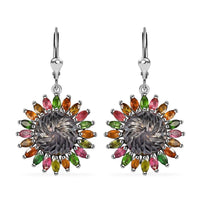 Tahitian Cultured Pearl Carved and Multi-Tourmaline Black Eyed Susan Floral Earrings in Rhodium Over Sterling Silver 3.60 ctw