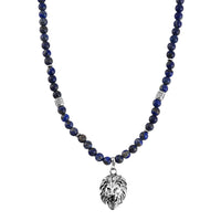 Lapis Lazuli Beaded Men's Necklace 24 Inches with Lion Charm in Stainless Steel 345.00 ctw