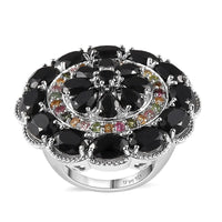 Thai Black Spinel and Multi-Tourmaline Floral Ring in Platinum Over Sterling Silver (Size 10.0) 17.25 ctw