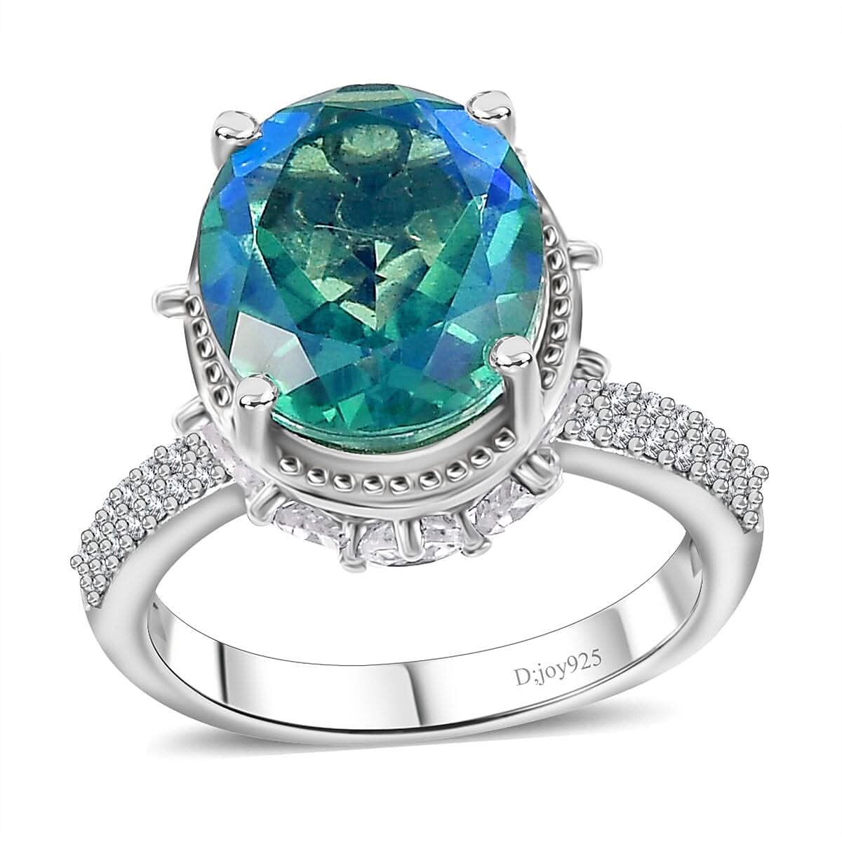Peacock Quartz, White Zircon Ring in Platinum Over Sterling Silver (Size 10.0) 7.90 ctw