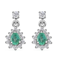 AAA Kagem Zambian Emerald and Moissanite Sunburst Dangle Earrings in Platinum Over Sterling Silver 0.60 ctw