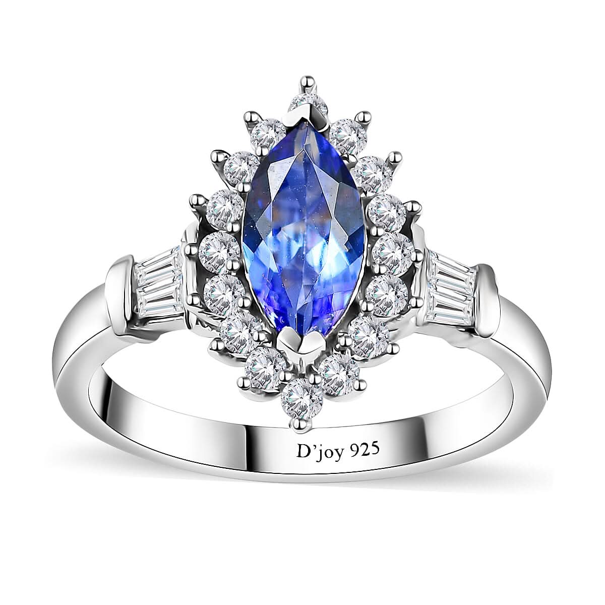 Tanzanite and White Zircon Sunburst Ring in Rhodium Over Sterling Silver (Size 10.0) 1.30 ctw