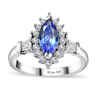 Tanzanite and White Zircon Sunburst Ring in Rhodium Over Sterling Silver (Size 10.0) 1.30 ctw