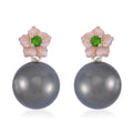 Tahitian Cultured Pearl, Chrome Diopside and Purple Mother of Pearl Carved Cosmos Floral Earrings in Rhodium Over Sterling Silver 0.10 ctw - Sticky add to cart bar
