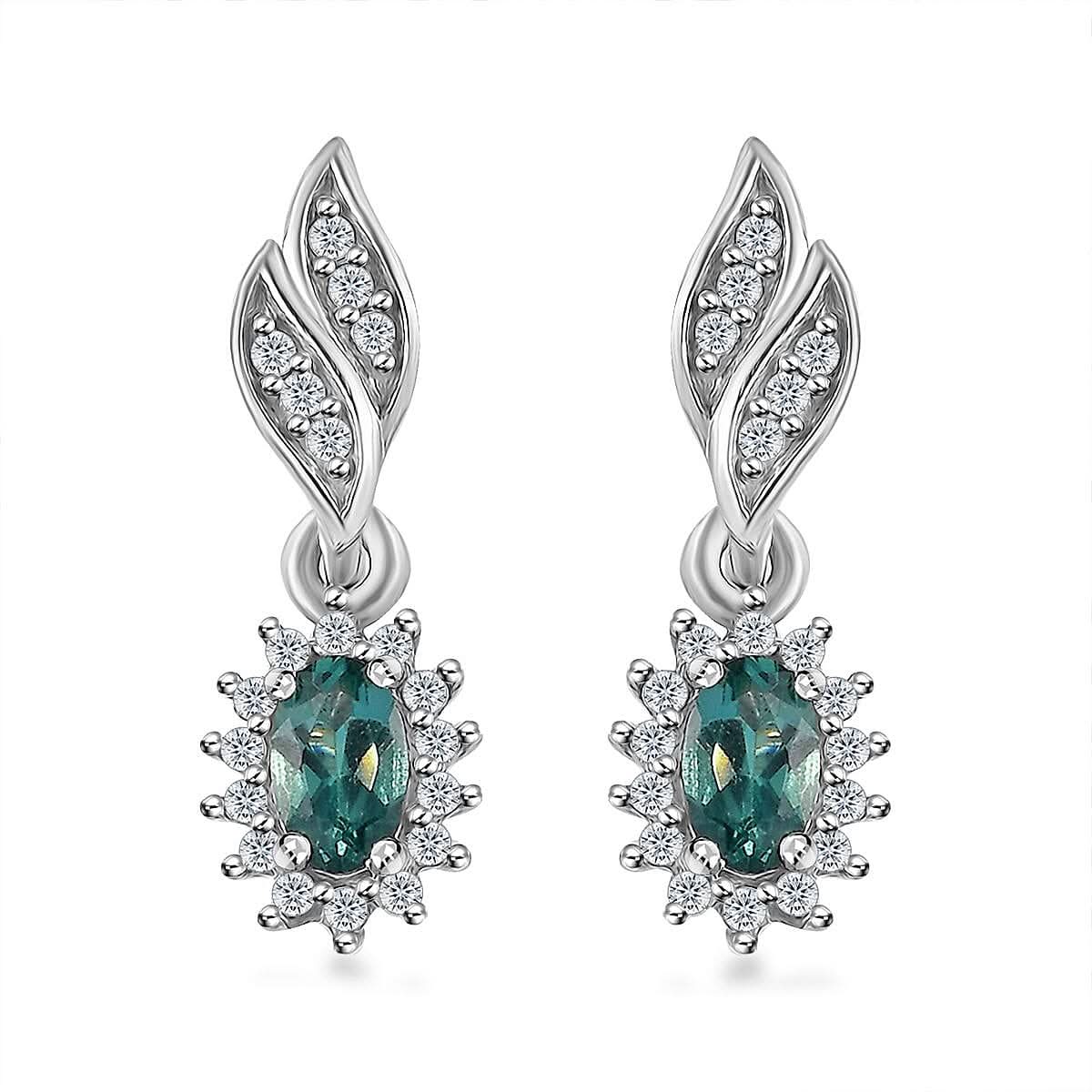 Indian Ocean Apatite and White Zircon Sunburst Earrings in Platinum Over Sterling Silver 0.85 ctw