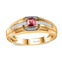 Ofiki Rubellite and White Zircon Men's Ring in Vermeil Yellow Gold Over Sterling Silver (Size 10.0) 0.80 ctw