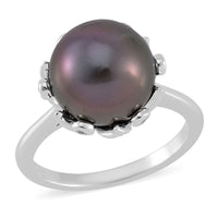 One Time Only Tahitian Cultured Pearl 11-12mm, White Zircon Ring in Rhodium Over Sterling Silver (Size 10.0) 0.40 ctw
