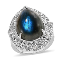 Malagasy Labradorite, White Zircon Ring in Stainless Steel (Size 5.0) 11.80 ctw