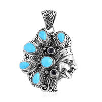 Bali Legacy Sleeping Beauty Turquoise and Blue Sapphire Native American Chief Pendant without Chain in Sterling Silver 3.30 ctw