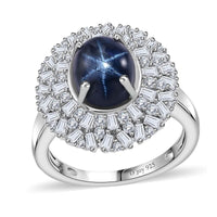 Premium Blue Star Sapphire (DF) and Moissanite Cocktail Ring in Platinum Over Sterling Silver (Size 10.0) 5.80 ctw