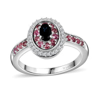 AAA Monte Belo Indicolite and Multi Gemstone Double Halo Ring in Rhodium Over Sterling Silver (Size 10.0) 0.75 ctw