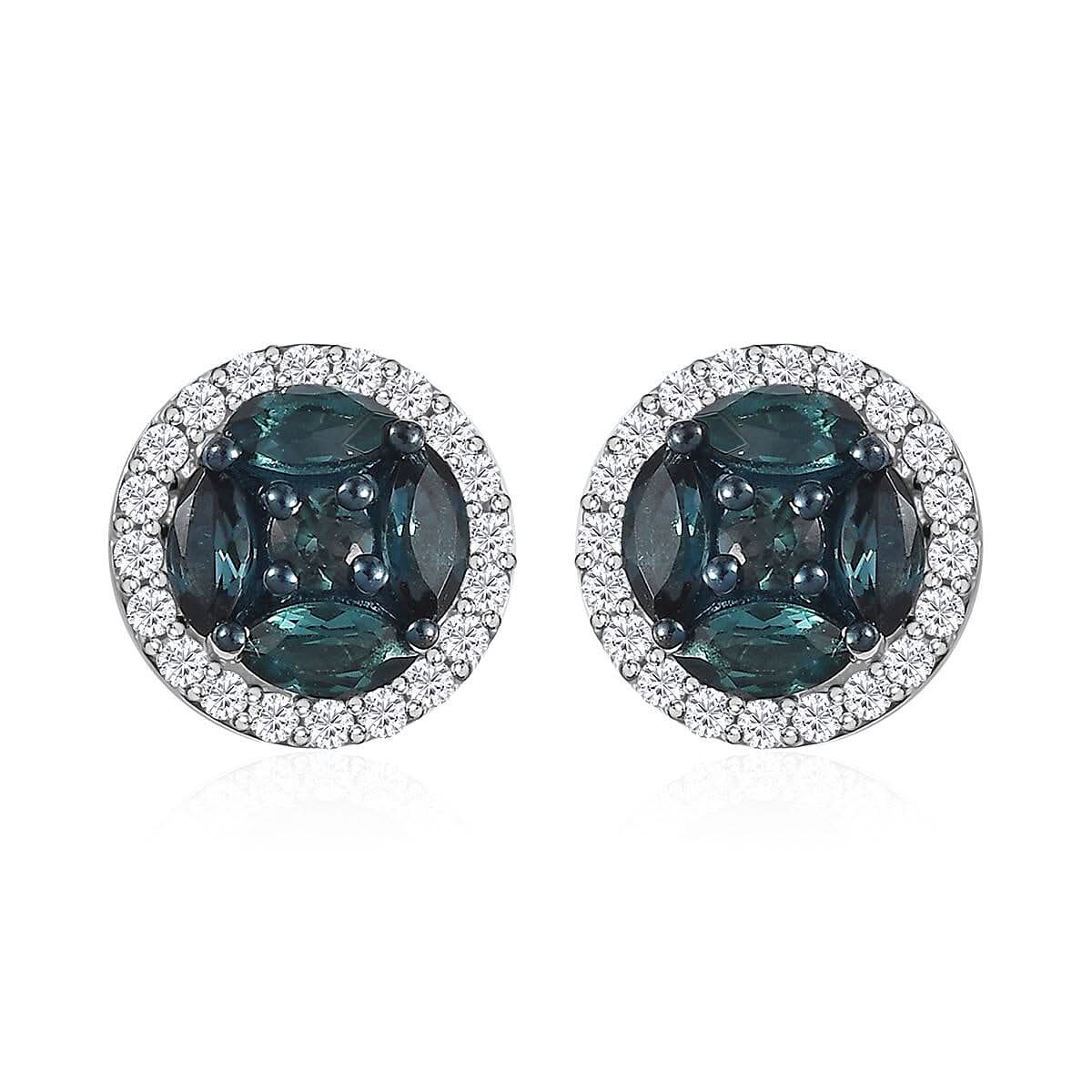 AAA Monte Belo Indicolite and Moissanite Stud Earrings in Rhodium Over Sterling Silver 1.15 ctw