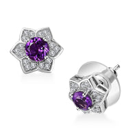 Uruguayan Amethyst and White Zircon Floral Stud Earrings in Platinum Over Sterling Silver 1.20 ctw
