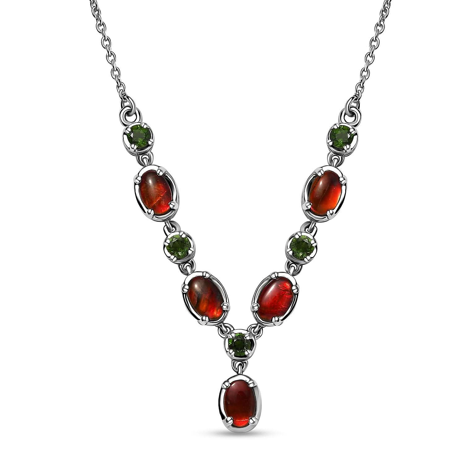 Canadian Ammolite and Chrome Diopside Necklace 18-20 Inches in Platinum Over Sterling Silver 0.60 ctw