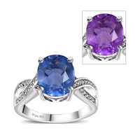 Color Change Fluorite (IR), White Zircon Ring in Rhodium Over Sterling Silver (Size 10.0) 4.30 ctw