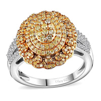 Natural Yellow Diamond (13), Diamond Floral Ring in Rhodium Over Sterling Silver (Size 7.0) 1.00 ctw