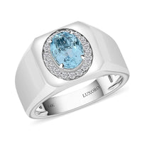 Certified & Appraised Luxoro AAA Santa Maria Aquamarine and G-H I2 Diamond 1.35 ctw Men's Ring in 14K White Gold 7.75 Grams