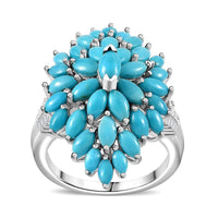 Sleeping Beauty Turquoise, White Zircon Floral Spray Ring in Rhodium Over Sterling Silver (Size 10.0) 4.60 ctw