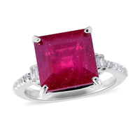 Asscher Cut Niassa Ruby (FF) and Natural White Zircon Ring in Platinum Over Sterling Silver 7.65 ctw