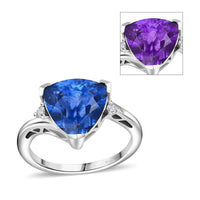 Color Change Fluorite (IR), Moissanite Ring in Rhodium Over Sterling Silver (Size 6.0) 5.20 ctw