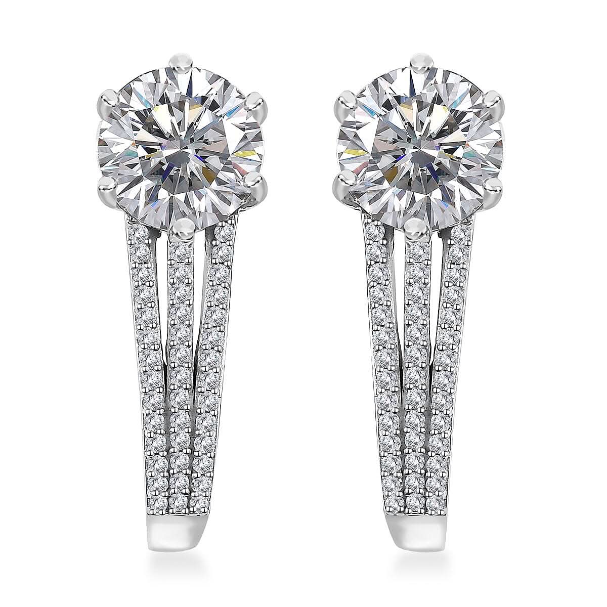Moissanite (Rnd 8mm), Ofiki Rubellite Earrings in Platinum Over Sterling Silver 3.90 ctw