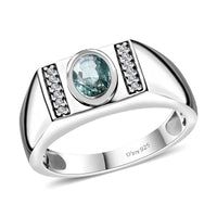 Cambodian Blue Zircon, White Zircon Men's Ring in Platinum Over Sterling Silver (Size 9.0) 1.35 ctw