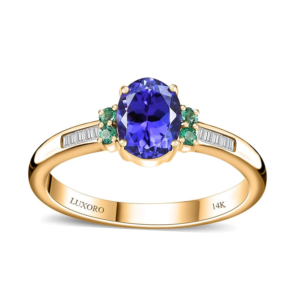 Luxoro 14K Yellow Gold AAA Tanzanite, AAAA Boyaca Colombian Emerald and Diamond I2 Ring (Size 9.0) 1.60 ctw