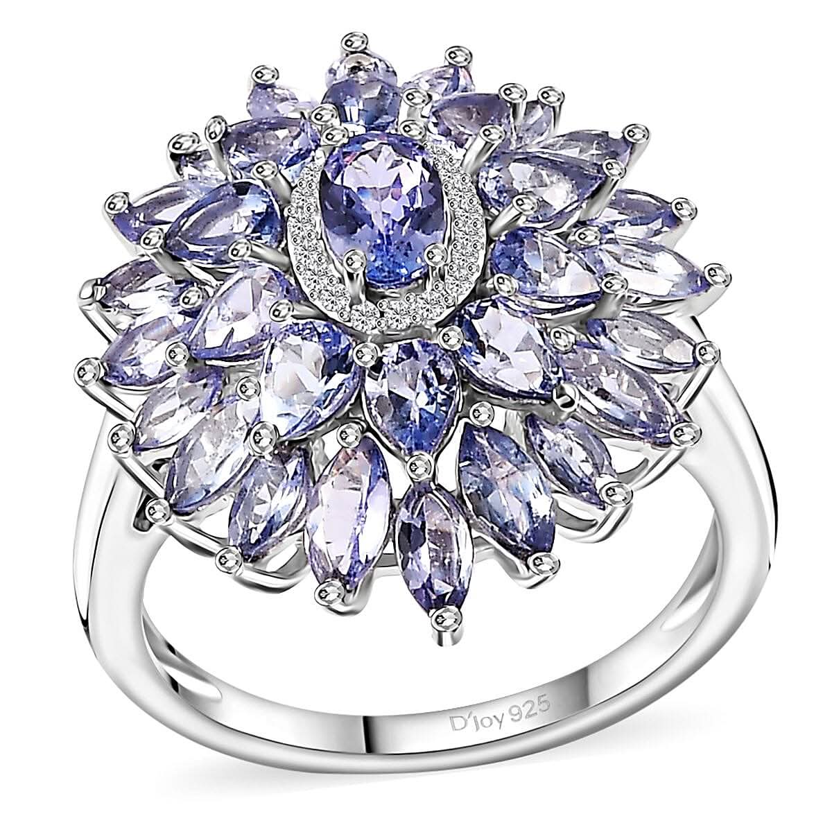 Tanzanite, White Zircon Floral Ring in Rhodium Over Sterling Silver (Size 10.0) 4.35 ctw