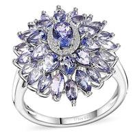 Tanzanite, White Zircon Floral Ring in Rhodium Over Sterling Silver (Size 10.0) 4.35 ctw