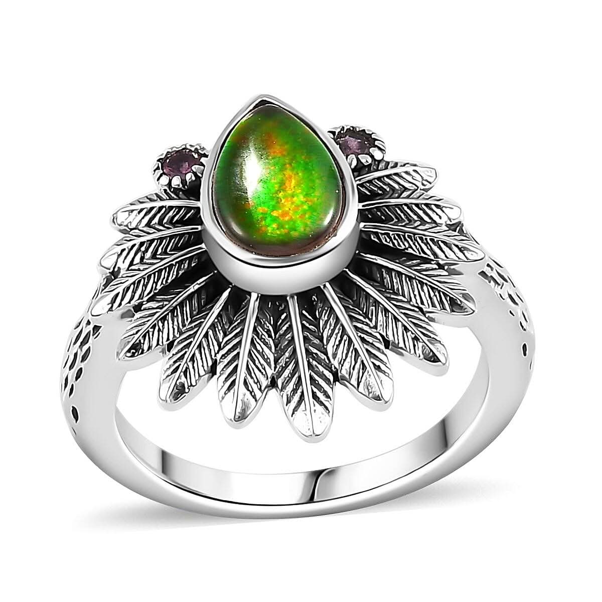 Canadian Ammolite, Orissa Rhodolite Garnet Ring in Sterling Silver (Size 7.0) 0.15 ctw