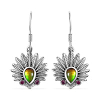 Artisan Crafted Canadian Ammolite and Orissa Rhodolite Garnet Native American Head Earrings in Black Oxidized Sterling Silver 0.25 ctw