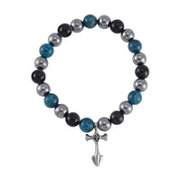 Terahertz, Blue Apatite and Shungite Beaded Stretch Bracelet with Cross Charm in Stainless Steel 137.00 ctw