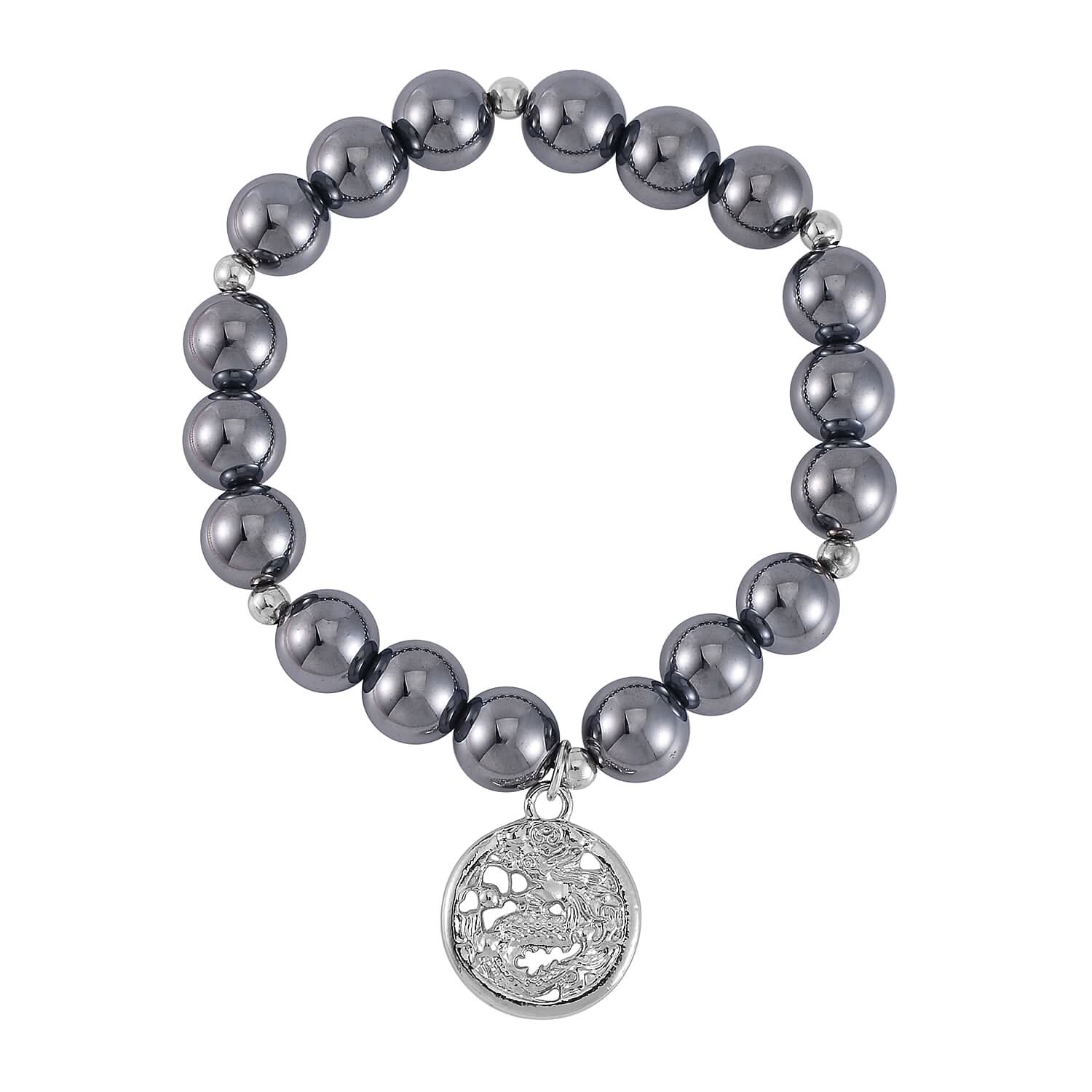 Terahertz 132.50 ctw Beaded Dragon Charm Stretch Bracelet in Silvertone