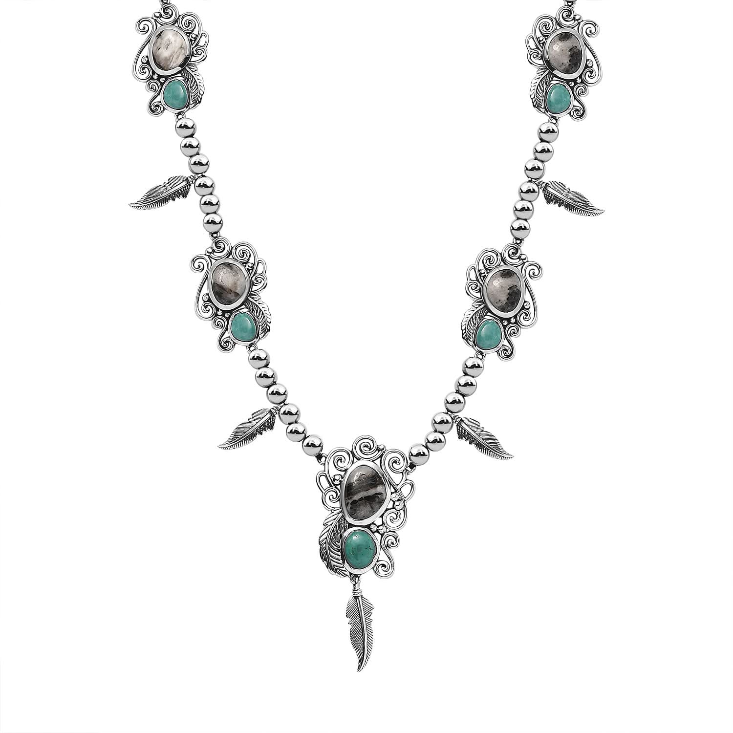 Artisan Crafted Sierra Nevada Turquoise and White Buffalo Feather Necklace 18-20 Inches in Black Oxidized Sterling Silver 25.50 ctw