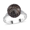 Tahitian Cultured Pearl and Moissanite Lotus Carved Ring in Rhodium Over Sterling Silver (Size 10.0) 0.15 ctw - Sticky add to cart bar