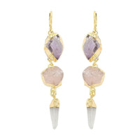 African Amethyst, Rose Quartz, Crystal Earrings in Goldtone 45.99 ctw