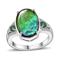 Canadian Ammolite, Emerald, Diamond Ring in Rhodium Over Sterling Silver (Size 10.0) 0.35 ctw - Sticky add to cart bar