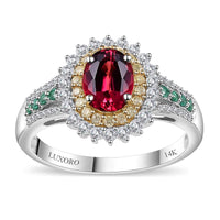 Luxoro 14K White Gold AAA Ouro Fino Rubellite, Boyaca Colombian Emerald, I2 Natural Yellow and White Diamond Ring 4.40 Grams 2.10 ctw