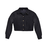 Black Short Fleece Jacket with Fringe - S