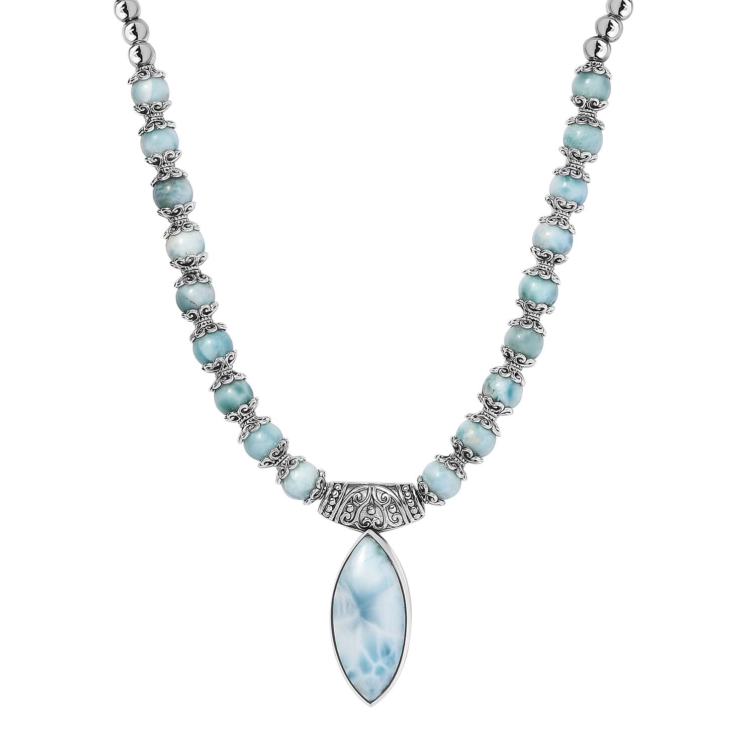 Larimar Necklace 18-20 Inches in Black Oxidized Sterling Silver 72.50 ctw