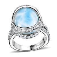 Premium Larimar, White Zircon Ring in Rhodium Over Sterling Silver (Size 10.0) 13.10 ctw