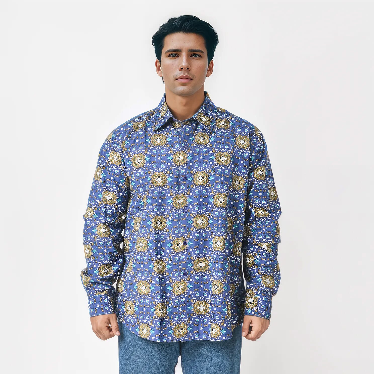 Tamsy , 100% Cotton Navy Plaid Printed Mens Shirt  , Colour - Navy, Size-S , Length- 29 Inc And Chest- 24