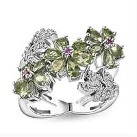 Natural Green Apatite, Multi Gemstone Flower Ring in Rhodium Over Sterling Silver (Size 10.0) 4.15 ctw