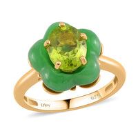 Peridot, Green Jade, Moissanite Floral Ring in 18K Vermeil YG Over Sterling Silver (Size 10.0) 11.60 ctw