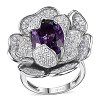 Rose De France Amethyst, White Zircon Floral Ring in Rhodium Over Sterling Silver (Size 10.0) 8.50 ctw