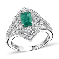 TLV Premium Kagem Zambian Emerald, White Zircon Ring in Platinum Over Sterling Silver (Size 7.0) 1.75 ctw