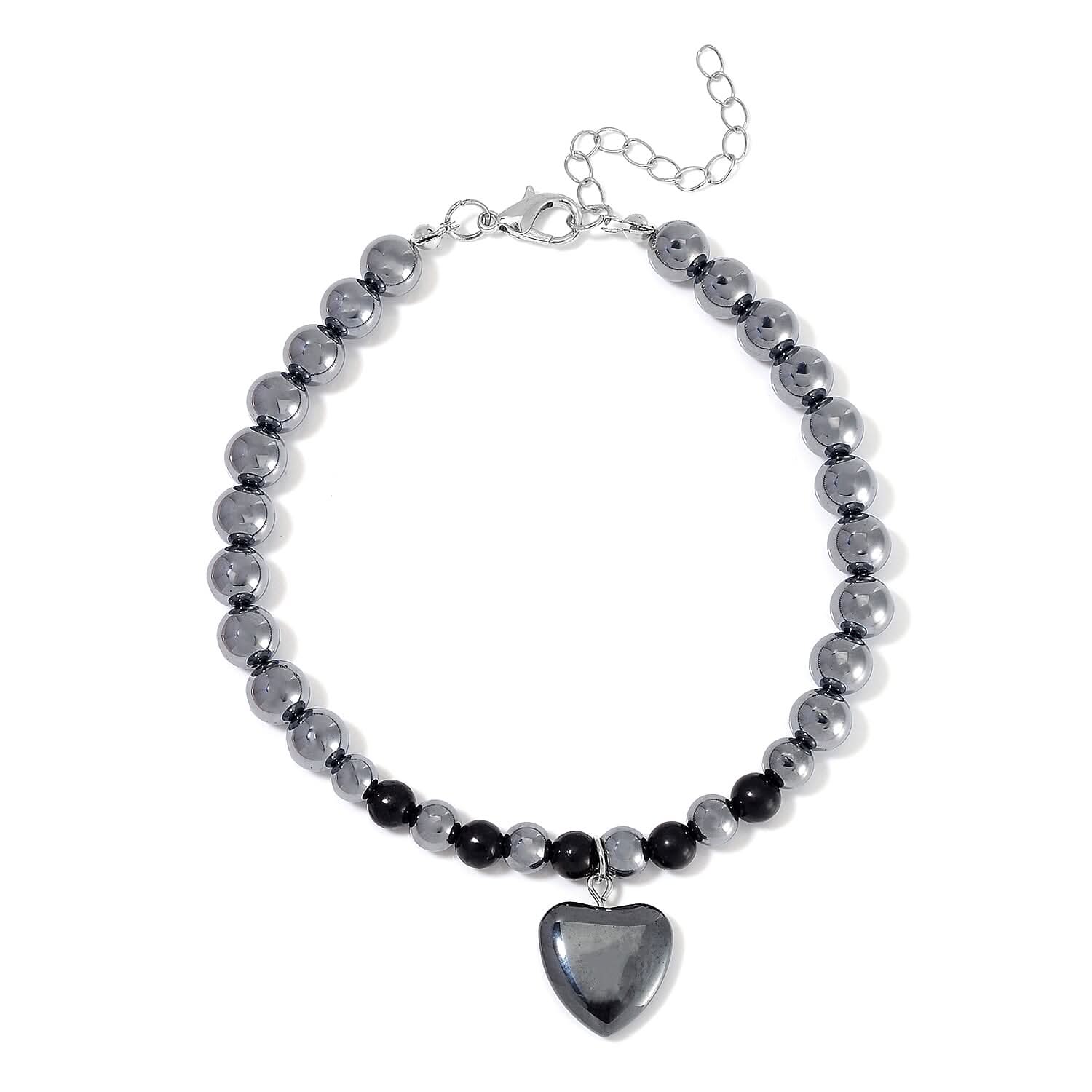 Shungite and Terahertz 105.00 ctw Beaded Anklet with Hematite Heart Charm in Stainless Steel (9.0-9.50In)
