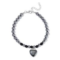 Shungite and Terahertz 105.00 ctw Beaded Anklet with Hematite Heart Charm in Stainless Steel (9.0-9.50In)