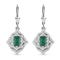 Premium Kagem Zambian Emerald and White Zircon Lever Back Earrings in Rhodium Over Sterling Silver 2.15 ctw