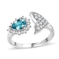Batroke Blue Apatite, White Zircon Ring in Rhodium Over Sterling Silver (Size 7.0) 1.15 ctw